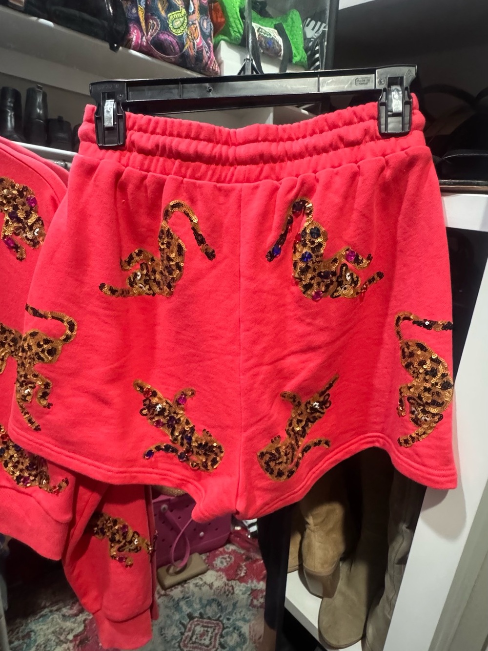 QUEEN OF SPARKLES Red Leopard Sequin Sweatshirt & Shorts Set - Picture 5 of 5